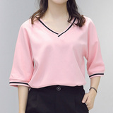 夏季女装纯色七分袖V领女t恤粉色雪纺衫半袖韩版宽松大码中袖上衣