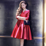 埃诗卡达2016新款名媛气质红色连衣裙夏中长款中袖高腰蓬蓬裙礼服