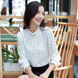 2016秋装新款韩版女装修身显瘦百搭立领波点打底雪纺衫女长袖衬衫