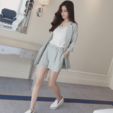 2016夏季新款女装韩版时尚休闲套装女棉麻西装外套薄+短裤两件套