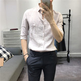 夏季新品韩版男士透气棉麻中袖衬衣纯色时尚青年男士五分袖衬衣潮