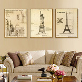 三联画纽约城市现代建筑客厅装饰画简约沙发背景挂画墙画壁画复古