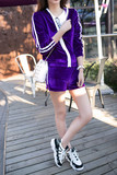欧洲站新款女装三叶草运动套装紫色丝绒连帽外套+短裤舒适两件套