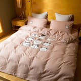 简约刺绣水洗棉四件套可爱小猫咪粉色纯棉卡通床笠款床单床上用品