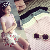 韩版女装2016夏季新款百搭圆领竖条螺纹套头针织衫短袖T恤女上衣