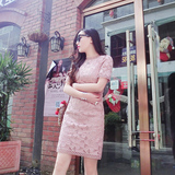 ZHUYIYI2016夏季新款藕粉色高级水溶蕾丝镂空小立领收腰连衣裙特