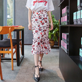 2016夏季新韩国东大门红色立体花朵花瓣雪纺印花荷叶边鱼尾半身裙