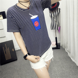 2016夏韩版潮学生女装 笑脸可乐杯宽松条纹短袖T恤半袖女姐妹装