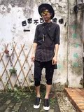 夏季男士韩版修身型中长款短袖衬衣个性拼接不对称下摆潮男衬衫薄