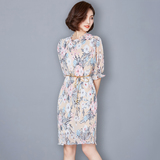 2016夏装新款女装 韩版中袖印花中裙子 夏季通勤修身显瘦连衣裙