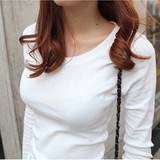 女式韩版纯棉纯色长袖t恤2016春季新款上衣修身圆领白色打底衫潮