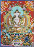 四臂观音三怙主红金唐卡 西藏手绘唐卡挂画 藏传佛教装饰纯手工
