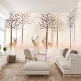 温馨北欧卧室墙纸 树林小鹿梦幻餐厅电视背景墙壁纸 手绘大型壁画