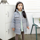 春款童装女童韩国原单品牌英伦格子中长款加厚夹棉呢子大衣外套