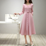 2016新款女装春装韩版修身收腰粉色连衣裙女雪纺中长款高腰长袖裙