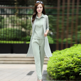 韩版新款秋季套装女时尚修身显瘦OL职业休闲蕾丝开衫长裤三件套潮