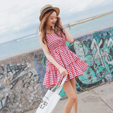 2016夏装韩国新款红格子棉布无袖连衣裙少女学生高腰小清新蓬蓬裙