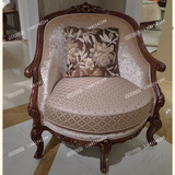 促销正品新古典布艺休闲椅欧式实木雕花沙发椅美式做旧真皮单人椅