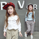 2016春装新款韩版女童装上衣儿童宝宝宽松娃娃领棉麻长袖衬衫衬衣