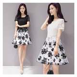 韩版印花套装裙气质两件套蕾丝连衣裙修身显瘦欧根纱短裙套装女潮