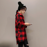 2016春秋新款韩版宽松衬衫中长款 女 红格子长袖品牌衬衣外套 潮