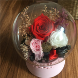 进口永生花旋转音乐礼盒 玻璃罩水晶球保鲜花 创意情人节生日礼物