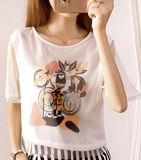 2016夏季新款韩版欧根纱印花雪纺短袖上衣时尚t恤女