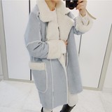 2016韩国新品个性机车女装鹿皮绒中长款棉衣拼接羊羔毛大翻领外套