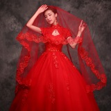 衣纱夫人新款红色新娘结婚头纱韩式单层婚礼蕾丝花边婚纱超长头纱