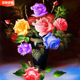 新款欧式花卉钻石画5D魔方圆钻七彩玫瑰花瓶粘贴钻十字绣餐厅满钻