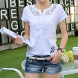 夏季 韩版女装修身打底纯白棉T蕾丝女士短袖女上衣宽松白色T恤