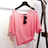 夏季韩国代购前短后长蝙蝠袖糖果色一字领漏肩短袖t恤粉色上衣女