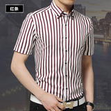 夏季男士短袖衬衫竖条纹韩版修身青年商务休闲纯棉弹力面料衬衣潮