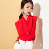 2016春装新款 夏季V领衬衫女雪纺衫韩范韩版长袖气质修身红色上衣