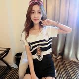 夏季韩版新款条纹女装百搭个性潮蕾丝镂空破洞宽松短袖T恤针织衫
