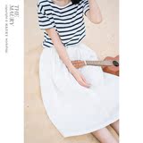 沫里夏季自制 清新文艺宽松纯色棉质百褶半裙 白色中长款半身长裙