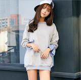 2016春秋韩版中长款条纹蝙蝠袖衬衫拼接假两件衣袖圆领套头卫衣女