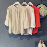 2016夏季新款韩国女装上衣宽松小立领纯色七分袖文艺棉麻衬衣衬衫