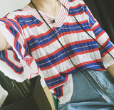 2016夏季韩版宽松显瘦彩条纹T恤女学生短袖薄款彩色套头针织上衣
