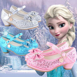 新款儿童艾莎公主鞋灰姑娘水晶亮片蓝粉银色高跟凉鞋女童春秋皮鞋