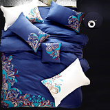 纯色贡缎全棉四件套 素色绣花床上用品床单被套1.8米床1.5m