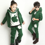 童装2015秋冬季男女童加绒加厚苹果套装韩版套头卫衣儿童三件套装