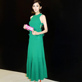 2016米兰时装周古力娜扎同款连衣裙春夏季新款修身绿色中长裙套装