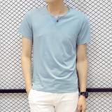 夏季男士短袖T恤男 V领 韩版修身大码青年学生简约弹力纯棉扣子潮