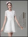 小小女王女装2016夏款新品个性显瘦圆圈气质A字裙白色欧美连衣裙