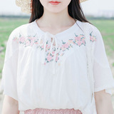 森春慢小清新森女日系复古宽松刺绣花朵短袖娃娃衫白色衬衫衬衣女