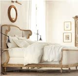 法式复古实木手工雕刻橡木双人大床美式乡村高背软靠布艺麻布婚床