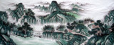 纯手绘大丈二横幅办公室写意青绿瀑布山水画名人字画国画中国书画