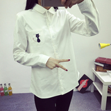 春秋季新款女装韩版大码修身刺绣小猫长袖衬衫女学生学院风白衬衣
