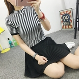 2016夏季韩版横条纹t恤 女半高领纯棉短袖圆领套头修身百搭打底衫